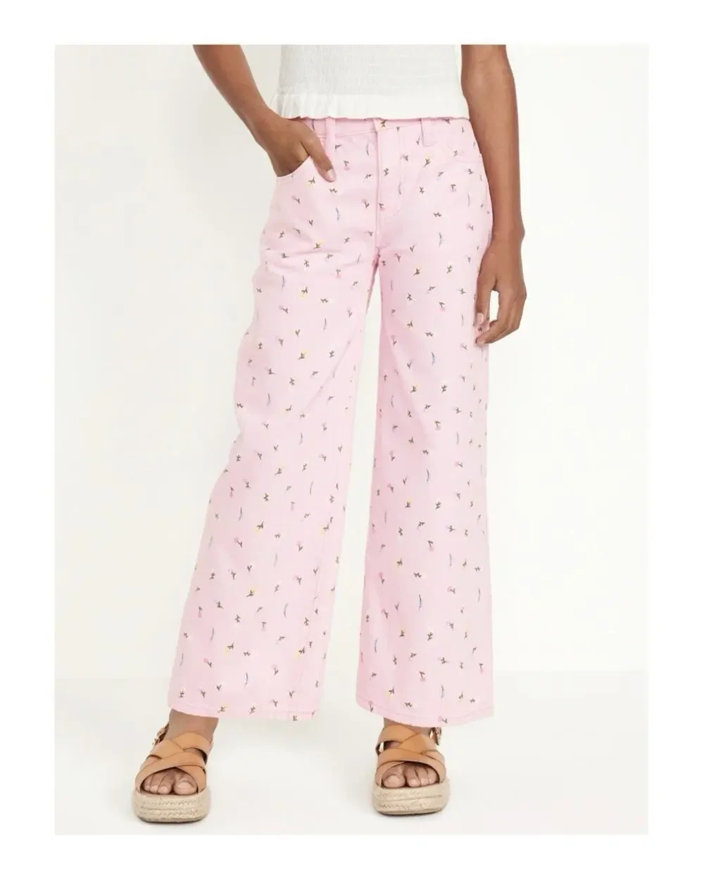 Old Navy Floral Printed High Waisted Baggy Wide Leg Girls Jeans Pants Size 10